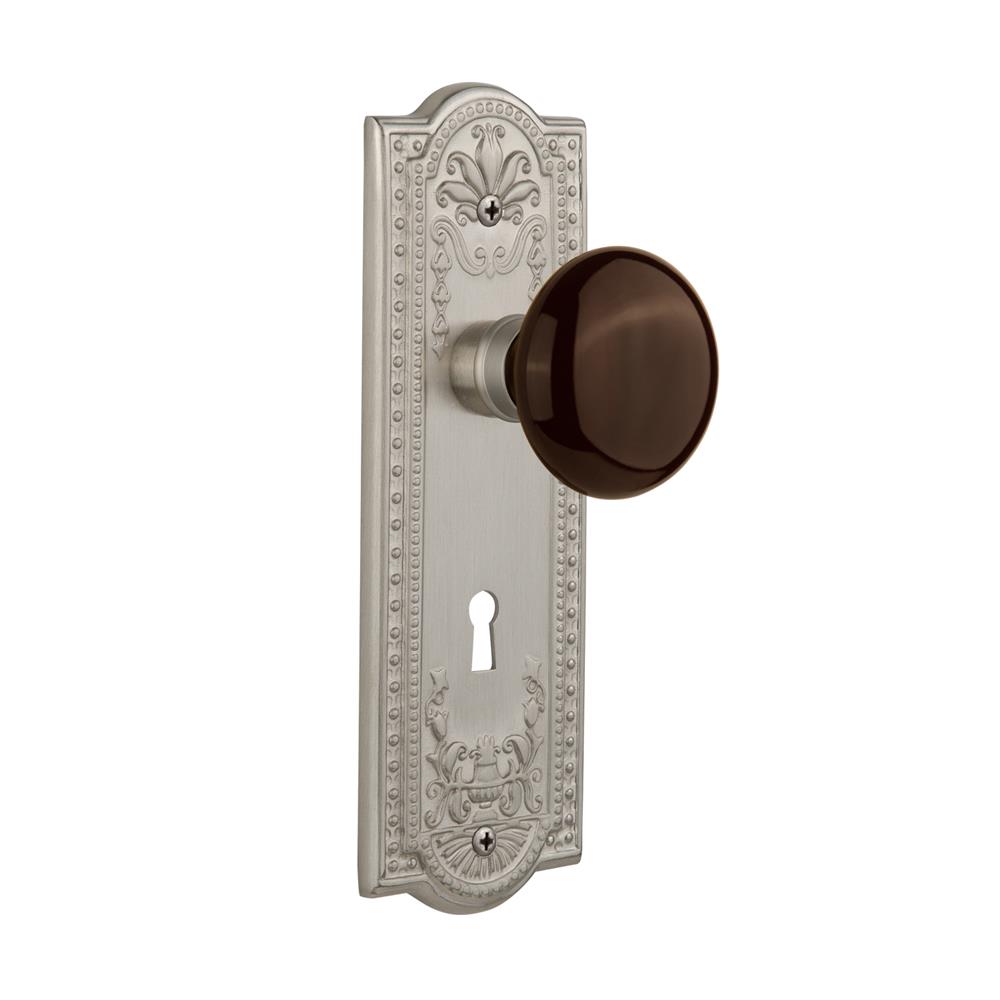 Nostalgic Warehouse MEABRN Passage Knob Meadows Plate with Brown Porcelain Knob with Keyhole in Satin Nickel